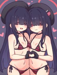  2girls alternate_costume bare_shoulders beret bikini black_beret black_bikini black_choker black_gloves black_hair blue_archive blunt_bangs choker closed_mouth collarbone commentary flat_chest gloves hair_over_eyes halo hat heart heart_hands heart_hands_duo justice_task_force_member_(blue_archive) loli looking_at_viewer multiple_girls navel onyhakase open_mouth red_bikini red_halo smile stomach striped_bikini striped_clothes swimsuit two-tone_bikini  rating:Questionable score:45 user:danbooru