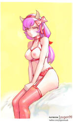  1girl bow bra breasts closed_mouth collarbone commentary_request courtney_(pokemon) creatures_(company) fake_horns game_freak garter_belt hair_bow hands_on_lap horns long_hair looking_at_viewer low-tied_long_hair medium_breasts nintendo patreon_username pink_eyes pink_hair pokemon pokemon_oras red_bow red_bra sitting solo thighhighs underwear watermark web_address yellow_background yugen99  rating:Questionable score:40 user:danbooru