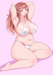  1girl arms_up barefoot bikini blush breasts brown_hair cleavage highres kneeling large_breasts long_hair morisoba_(silent_hill) original plump purple_eyes sitting solo swimsuit thick_thighs thighs 