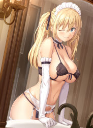  1girl ;p absurdres arm_support black_ribbon blonde_hair blue_eyes blush bra breasts candlelight candlestand choker cleavage collarbone commentary_request cowboy_shot dutch_angle elbow_gloves faucet frilled_choker frilled_panties frills from_side front-tie_bra garter_belt garter_straps gloves groin hair_between_eyes hair_ribbon highres indoors large_breasts lingerie long_hair looking_at_viewer maid maid_headdress medium_breasts navel one_eye_closed original panties purple_bra purple_panties reflection ribbon sawada_yuusuke sideboob sidelocks sink skindentation smile solo standing stomach thighs toned tongue tongue_out twintails underboob underwear underwear_only wall_lamp washbowl white_garter_belt white_gloves  rating:Sensitive score:143 user:danbooru