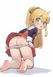  1girl ass barefoot bent_over blonde_hair blush commission dress feet female_focus from_behind green_ribbon hair_ribbon highres kneeling leaning_forward loli long_hair long_sleeves looking_at_viewer looking_back mega_man_(classic) mega_man_(series) open_mouth panties panty_pull pulled_by_self qtkat red_dress ribbon roll_(mega_man) sidelocks simple_background soles solo toes underwear white_background white_panties  rating:Explicit score:167 user:MonsieurCinq