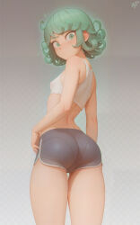 1girl ass back bare_shoulders breasts cameltoe covered_erect_nipples cowboy_shot crop_top from_behind gradient_background green_eyes green_hair grey_background highres looking_at_viewer looking_back non-web_source one-punch_man pantylines petite short_hair short_shorts shorts simple_background small_breasts solo tatsumaki thigh_gap thighs 
