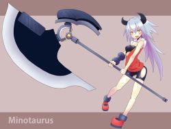  1girl axe bike_shorts highres horns huge_weapon open_clothes open_shirt shirt silver_hair simple_background weapon yellow_eyes  rating:Sensitive score:8 user:atmo