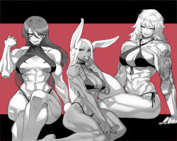  3girls :q abs absurdres animal_ears arm_tattoo bare_shoulders bikini black_bikini body_markings boku_no_hero_academia breasts choker cleavage condom condom_in_mouth criss-cross_halter dragon_tattoo front-tie_bikini_top front-tie_top fuuma_kotarou_(tenkaichi) hair_between_eyes halterneck hand_up highres isshou_senkin large_breasts letterboxed long_eyelashes long_hair looking_at_viewer mirko monochrome mouth_hold multiple_girls muscular muscular_female navel o-ring o-ring_bikini obliques parted_bangs parted_lips rabbit_ears rabbit_girl rabbit_tail ratatatat74 red_background red_eyes sena_riko_(isshou_senkin) side-tie_bikini_bottom sitting smile spot_color stomach swimsuit tail tattoo teeth tenkaichi_nihon_saikyou_bugeisha_ketteisen thick_thighs thighs toned tongue tongue_out v very_long_hair yellow_eyes 