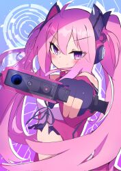  1girl ahoge aiming aiming_at_viewer bare_shoulders black_gloves blush bow bowtie breasts clothing_cutout detached_sleeves elbow_gloves gloves grace_(sound_voltex) gradient_background gun headgear headphones highres holding holding_gun holding_weapon iwashi0g3 long_hair looking_at_viewer medium_breasts midriff navel navel_cutout partially_fingerless_gloves pink_bow pink_bowtie pink_hair pointing_gun purple_eyes solo sound_voltex strapless two_side_up upper_body weapon 