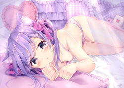  1girl absurdres animal_ear_fluff animal_ears bad_id bad_pixiv_id bed_sheet blush bow breasts cat_ears cat_girl extra_ears fingernails food_print full_body hair_bow hair_ornament hairclip heart heart-shaped_pillow highres long_hair looking_at_viewer lying momochi_chia on_bed on_side original panties paw_hair_ornament pillow pink_bow print_panties purple_eyes purple_hair signature small_breasts solo strawberry_bra strawberry_panties strawberry_print two_side_up underwear  rating:Questionable score:35 user:danbooru