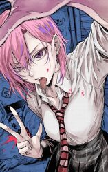  1boy 1girl absurdres black_skirt black_socks blood blood_on_clothes blood_on_face collared_shirt commentary_request corpse death diagonal-striped_clothes diagonal-striped_necktie ear_piercing highres iro_marimo kneehighs long_sleeves looking_at_viewer necktie open_mouth original piercing pink_hair plaid plaid_skirt purple_eyes red_necktie school_uniform second-party_source shirt skirt socks standing striped_clothes teeth tongue tongue_out tongue_piercing translation_request upper_teeth_only v white_shirt 