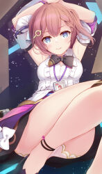 1girl anklet armpit_crease arms_behind_head arms_up asta_(honkai:_star_rail) bare_shoulders black_bow black_bowtie black_skirt blue_eyes blunt_bangs blush bow bowtie box bracelet braid breasts bright_pupils cardboard_box center_frills choker closed_mouth commentary_request double-parted_bangs frills hair_ornament highres honkai:_star_rail honkai_(series) id_card jewelry komone_ushio looking_at_viewer medium_breasts one_side_up panties pantyshot pink_hair purple_choker shirt short_hair skirt sleeveless sleeveless_shirt smile solo thighs underwear upskirt white_bow white_panties white_pupils white_shirt rating:Sensitive score:33 user:danbooru