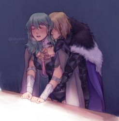 1boy 1girl breath byleth_(female)_(fire_emblem) byleth_(fire_emblem) clothed_sex dimitri_alexandre_blaiddyd fingering fire_emblem fire_emblem:_three_houses hand_under_clothes hands_in_pantyhose hetero highres leaning_on_person leaning_on_table licking licking_another&#039;s_neck md5_mismatch nintendo resolution_mismatch source_larger