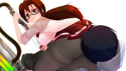 1boy 1girl :&lt; annoyed black_hair black_pantyhose breasts brown_eyes brown_hair censored foot_on_another&#039;s_face foot_on_head glasses hair_between_eyes hair_intakes hair_tie holding large_breasts long_hair lying mosaic_censoring no_shoes on_back original p.d.creations pantyhose penis penis_milking ponytail red_skirt semi-rimless_eyewear shirt short_hair sitting sitting_on_face sitting_on_person skirt sleeves_rolled_up thighband_pantyhose transparent tube under-rim_eyewear vacuum_cleaner white_shirt  rating:Explicit score:20 user:asashima