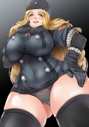  1girl black_panties blonde_hair blue_eyes blush breasts cameltoe covered_erect_nipples covered_navel curvy female_pubic_hair finger_to_cheek from_below fur_hat fur_trim hand_on_own_hip hat highres huge_breasts kolin licking_lips long_hair looking_at_viewer panties plump pubic_hair see-through skindentation smile solo street_fighter street_fighter_v thick_thighs thighhighs thighs tongue tongue_out underwear ushanka wide_hips yoohi  rating:Questionable score:54 user:danbooru