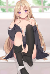 1girl absurdres bare_shoulders black_legwear black_skirt blonde_hair blush breasts civia closed_mouth collarbone convenient_leg feet frown highres hololive hololive_china horns jacket knees_up long_hair long_sleeves miniskirt no_bra no_shoes off_shoulder open_clothes open_jacket panties panties_around_leg parted_bangs partially_unzipped pleated_skirt purple_eyes single_horn sitting skirt small_breasts soles solo thighhighs_pull toes underwear very_long_hair virtual_youtuber white_panties xiao_lin_jiu rating:Questionable score:85 user:danbooru