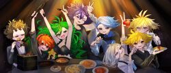  1girl 6+boys :d absurdres arm_up black_shirt blue_eyes blue_hair blue_shirt bow bowtie breasts brown_hair chopsticks cleavage dual_persona eating family food fork formal frill_inferno green_eyes green_hair grey_hair hair_between_eyes headphones highres holding holding_chopsticks holding_food holding_fork holding_knife holding_stuffed_toy incredibly_absurdres knife long_hair long_sleeves multicolored_hair multiple_boys noodles omelet omurice open_mouth otogami_don otogami_fanta otogami_gakuon otogami_mimin otogami_reijirou otogami_sorachika pppppp purple_eyes purple_hair ramen red_eyes red_hair shirt shrimp sleeveless sleeveless_shirt smile sonoda_lucky streaked_hair stuffed_toy suit suspenders symbol-shaped_pupils tank_top tiramisu traditional_bowtie white_shirt yellow_eyes 