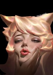  1girl 1other ahri_(league_of_legends) animal_ears artist_name black_background blonde_hair brown_eyeshadow cheek_squash close-up dated eye_glitter eyeshadow facial_mark fox_ears fox_girl hand_on_another&#039;s_cheek hand_on_another&#039;s_face highres k/da_(league_of_legends) k/da_ahri league_of_legends long_hair makeup open_mouth out_of_frame portrait red_lips simple_background solo_focus wavy_hair whisker_markings wutu_(1183238220) 