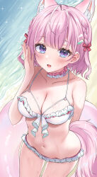  1girl absurdres animal_ear_fluff animal_ears antenna_hair arm_behind_back bare_arms bare_shoulders bikini blue_eyes blush braid breasts choker cleavage collarbone commentary_request cowboy_shot extra_ears fingernails frilled_bikini frilled_choker frills glint hair_ornament hair_ribbon hakui_koyori hakui_koyori_(summer) halterneck hand_up hazumi071005 highres hololive innertube large_breasts looking_at_viewer medium_hair nail_polish navel official_alternate_costume open_mouth outdoors pink_choker pink_hair pink_innertube pink_nails pink_ribbon purple_eyes ribbon sand short_hair smile solo stomach swim_ring swimsuit tail thighs two-tone_eyes virtual_youtuber water wet white_bikini white_choker wolf_ears wolf_girl wolf_tail 