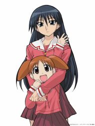  2000s_(style) 2girls :d age_difference arm_up artist_name azuma_kiyohiko azumanga_daiou behind_another black_hair bolo_tie brown_eyes brown_hair clenched_hands cowboy_shot crossed_wrists dot_nose facing_viewer grey_eyes hair_between_eyes hand_on_own_face hand_up height_difference hug hug_from_behind long_hair long_sleeves medium_hair mihama_chiyo multiple_girls official_art open_hand open_mouth parted_bangs pleated_skirt red_shirt red_skirt red_trim sailor_collar sakaki_(azumanga_daioh) school_uniform shirt short_twintails simple_background skirt sleeve_cuffs smile standing straight-on straight_hair third-party_source translated twintails very_long_hair waving white_background 