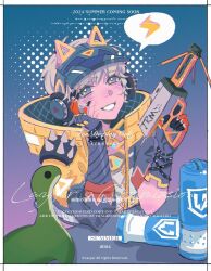  1girl animal_ear_headphones animal_ears animification apex_legends battery blonde_hair blue_hat bright_pupils cat_ear_headphones energy_reader_(apex_legends) fake_animal_ears gloves hand_on_own_cheek hand_on_own_face hat headphones highres holding holding_weapon jacket lazyer lightning_bolt_symbol looking_at_viewer nessie_(respawn) official_alternate_costume purple_eyes purple_gloves short_hair shoulder_spikes smile solo speech_bubble spikes stuffed_toy thunder_kitty_wattson visor_cap watermark wattson_(apex_legends) weapon white_pupils yellow_jacket 