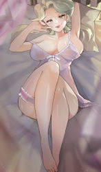 1girl absurdres arm_behind_head artist_request ass babydoll barefoot bed blonde_hair breasts breasts_apart creatures_(company) facing_viewer finger_to_mouth game_freak glacia_(pokemon) green_eyes highres knees_up legs_together legwear_garter lingerie long_hair looking_at_viewer lying medium_breasts nintendo on_back pillow pokemon pokemon_oras red_lips revealing_clothes single_legwear_garter smile solo strap_slip underwear rating:Questionable score:92 user:HomeStruck