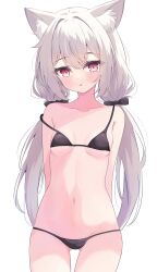  1girl absurdres animal_ears arms_behind_back bikini black_bikini blush bow character_request copyright_request fox_ears highres light_blush long_hair looking_down micro_bikini parted_lips red_eyes simple_background sirotuki_ito solo stomach swimsuit thigh_gap thighs very_long_hair white_background white_hair 