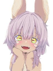  1other absurdres animal_ears blush body_fur brown_fur colored_eyelashes eyelashes furry green_eyes highres horizontal_pupils long_hair looking_at_viewer made_in_abyss nanachi_(made_in_abyss) open_mouth other_focus rabbit_ears sekaineko_001 sharp_teeth simple_background solo teeth upper_body upper_teeth_only whiskers white_background white_hair yellow_eyes 