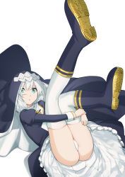  1girl absurdres ass black_dress blue_eyes boots closed_mouth dress full_body highres honkai_(series) honkai_impact_3rd laa_jii_shii long_hair long_sleeves looking_at_viewer nun panties ponytail shoe_soles side_ponytail simple_background solo theresa_apocalypse theresa_apocalypse_(valkyrie_pledge) thighhighs underwear veil white_background white_hair white_panties white_thighhighs 