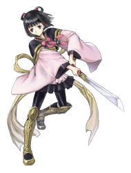 1girl armor armored_dress black_hair blue_eyes boots bow frills full_body gensou_suikoden gensou_suikoden_v kishida_mel knee_boots lyon_(suikoden) nagimaki pantyhose pink_bow polearm ribbon short_hair simple_background skirt solo sword weapon white_background 