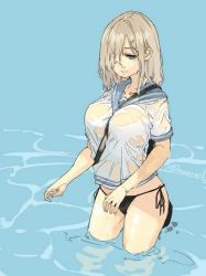  10s 1girl between_breasts blue_eyes breasts hair_ornament hair_over_one_eye hamakaze_(kancolle) kantai_collection large_breasts muneneko panties see-through side-tie_panties silver_hair simple_background solo strap_between_breasts underwear wading wet wet_clothes  rating:Questionable score:24 user:keita-kuhn