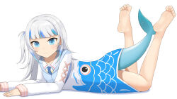  1girl barefoot blue_eyes blue_hair children&#039;s_day feet feet_up fins fish_tail gawr_gura gawr_gura_(school_uniform) highres hololive hololive_english looking_at_viewer lying medium_hair multicolored_hair official_alternate_costume on_stomach shark_girl shark_tail side_ponytail simple_background soles streaked_hair tail tamagotozi3420 the_pose toes two-tone_hair virtual_youtuber white_background white_hair 