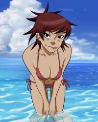  1girl absurdres bent_over bikini black_eyes blue_sky breasts breasts_squeezed_together cloud commentary gorillaz harrisartz highres looking_at_viewer medium_breasts navel noodle_(gorillaz) ocean red_bikini red_hair short_hair side-tie_bikini_bottom sky solo swimsuit tongue tongue_out wading  rating:Sensitive score:7 user:danbooru