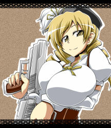  10s beret blonde_hair breasts_squeezed_together breasts detached_sleeves drill_hair hat huge_breasts mahou_shoujo_madoka_magica regls smile tomoe_mami twin_drills yellow_eyes  rating:Questionable score:29 user:Gawayno