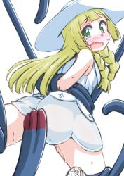  1girl arms_behind_back ass ayumu-k bare_arms bdsm blonde_hair blunt_bangs blush bondage bound bound_arms braid collared_dress creatures_(company) dress game_freak gen_4_pokemon green_eyes hat highres lillie_(pokemon) long_hair looking_back nintendo open_mouth plant pokemon pokemon_(creature) pokemon_sm restrained simple_background sleeveless sleeveless_dress solo sun_hat sundress sweat tangrowth tears twin_braids vines white_background white_dress white_hat  rating:Questionable score:28 user:Specter