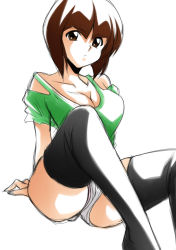  1girl arms_behind_back artist_name bare_shoulders black_thighhighs blunt_bangs bob_cut breasts brown_eyes brown_hair casual cleavage closed_mouth collarbone commentary expressionless green_shirt knees_up large_breasts looking_at_viewer off-shoulder_shirt off_shoulder panties panty_peek pink_panties ranma_1/2 shirt short_hair short_shorts shorts simple_background sitting sketch solo tendou_nabiki thighhighs underwear white_background white_shorts yamada_(fanfantaisa) 