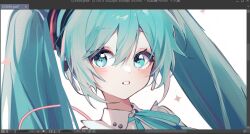  1girl aqua_eyes aqua_hair aqua_ribbon arin_(fanfan013) art_program_in_frame buttons cable clip_studio_paint clip_studio_paint_(medium) collared_shirt commentary eyelashes hair_between_eyes hair_ornament hatsune_miku light_blush long_hair looking_at_viewer neck_ribbon open_mouth portrait ribbon shirt simple_background sleeveless sleeveless_shirt solo sparkle sparkling_eyes straight_hair symbol-only_commentary teeth twintails vocaloid white_background white_shirt 