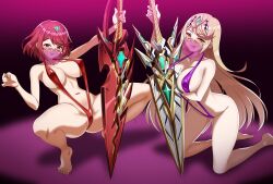  2girls arm_under_breasts blonde_hair breasts brown_eyes collarbone commentary_request full_body highres holding holding_sword holding_weapon kneeling large_breasts licking_lips long_hair m_legs mouth_veil multiple_girls mythra_(xenoblade) navel purple_background purple_slingshot_swimsuit pyra_(xenoblade) red_eyes red_hair red_slingshot_swimsuit short_hair sirano slingshot_swimsuit spread_legs swimsuit sword tiara tongue tongue_out veil weapon xenoblade_chronicles_(series) xenoblade_chronicles_2 