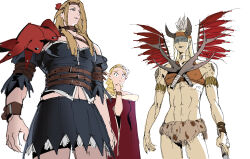  1girl 2boys abs arm_belt armband armor belt belt_collar bike_shorts bracelet character_request check_character collar color_connection cosplay crop_top crossover detached_horns dress dungeon_meshi facial_mark fake_wings fate/grand_order fate_(series) feather_hair_ornament feathers final_fantasy final_fantasy_xiv fingernails forehead_mark hair_color_connection hair_ornament headband holding holding_weapon jewelry light_brown_hair marcille_donato marcille_donato_(cosplay) miniskirt multiple_belts multiple_boys multiple_crossover navel off-shoulder_dress off_shoulder official_alternate_costume official_alternate_hairstyle pauldrons pelt pydiyudie red_dress sharp_fingernails shoulder_armor shoulder_tattoo simple_background single_pauldron sketch skirt smirk tattoo tezcatlipoca_(fate) weapon white_background wings zenos_yae_galvus 