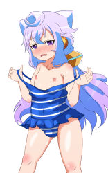  10s 1boy blue_eyes blue_hair blush cupala_(8492ace) eyebrows hacka_doll hacka_doll_3 hair_ornament long_hair looking_at_viewer male_focus matching_hair/eyes nipples open_mouth shiny_skin shota simple_background solo standing swimsuit trap white_background 