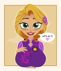  1girl artist_request blonde_hair breasts disney dress english_text flower freckles green_eyes hand_on_own_chest happy highres large_breasts long_hair princess purple_dress rapunzel rapunzel_(disney) smile speech_bubble tangled  rating:Sensitive score:12 user:T&iacute;o_Yayo