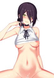 1girl absurdres areola_slip ateoyh bad_id bad_pixiv_id bottomless breasts breasts_apart chainsaw_man choker collarbone cropped_shirt cum cum_in_mouth cum_on_body facial green_eyes heavy_breathing highres implied_sex lips looking_at_viewer lower_body medium_breasts navel out-of-frame_censoring purple_hair reze_(chainsaw_man) simple_background small_breasts solo spread_legs straddling underboob white_background rating:Explicit score:119 user:danbooru