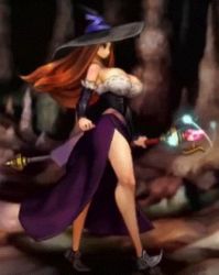  1girl animated animated_gif atlus bouncing_breasts breasts brown_hair cleavage dragon&#039;s_crown hat large_breasts long_hair lowres solo sorceress_(dragon&#039;s_crown) vanillaware walking witch_hat  rating:Sensitive score:86 user:Service
