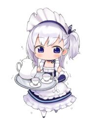  1girl apron azur_lane blush chibi closed_mouth cup dress flying_sweatdrops full_body gloves holding holding_tray little_bel_(azur_lane) long_hair maid maid_headdress moru_(monaka) one_side_up purple_eyes saucer simple_background solo sweat teapot tray trembling white_apron white_background white_gloves 