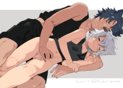  2boys 50off age_difference animal_ears bar_censor blush bottomless cat_boy censored closed_mouth clothes_lift cuddling cum cum_on_body ejaculation erection grey_hair handjob looking_back lying male_focus multiple_boys navel on_side original paid_reward_available penis purple_eyes shirt_lift shota size_difference squinting testicles white_background yaoi 