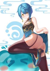 1boy absurdres ass bare_shoulders blue_hair blush breasts china_dress chinese_clothes dress earrings from_behind garter_straps genshin_impact hifi high_heels highres jewelry leg_up looking_at_viewer monster panties short_hair slime small_breasts thighhighs trap underwear xingqiu_(genshin_impact) yellow_eyes rating:Questionable score:65 user:armorcrystal