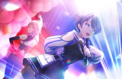  2girls :d arm_behind_back arm_up balloon belt black_gloves black_jacket black_pants black_skirt blue_eyes blue_hair bob_cut clothing_cutout cropped_jacket dark_blue_hair deepness_(love_live!) dutch_angle elbow_gloves game_cg gloves grey_hair hair_ornament highres inverted_bob jacket light_particles link!_like!_love_live! long_hair looking_at_viewer love_live! low_ponytail multi-tied_hair multicolored_hair multiple_girls murano_sayaka official_art open_mouth pants red_eyes red_hair shirt short_hair shoulder_cutout single_elbow_glove skirt sleeveless sleeveless_shirt smile solo_focus stage_lights streaked_hair striped_sleeves sweat teeth third-party_source upper_teeth_only virtual_youtuber white_sleeves yugiri_tsuzuri zipper zipper_pull_tab 