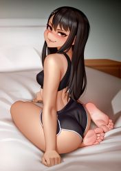  1girl absurdres ass bangs bare_arms bare_legs bare_shoulders barefoot black_shorts black_sports_bra blush breasts brown_eyes brown_hair commentary commentary_typo dolphin_shorts fang feet from_behind full_body hair_ornament hairclip highres ijiranaide_nagatoro-san indoors kairunoburogu long_hair looking_at_viewer looking_back medium_breasts nagatoro_hayase on_bed parted_lips shorts sitting sitting_on_bed small_breasts smile soles solo sports_bra tan tanline teeth toes  rating:Safe score:85 user:danbooru