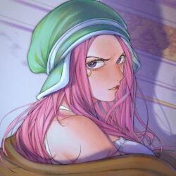  1girl anti-eyebrow_piercing brown_jacket camisole close-up commentary english_commentary green_hat hat highres jacket jewelry_bonney long_hair looking_at_viewer mygiorni off_shoulder one_piece pink_hair profile purple_eyes red_lips shadow solo upper_body white_camisole 