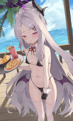  1girl absurdres alternate_costume bare_arms bare_shoulders beach bikini black_bikini black_gloves black_horns blue_archive blush cup day demon_horns demon_wings detached_collar doodle_sensei_(blue_archive) drink drinking_glass enmaided feet_out_of_frame food gloves grey_hair halo highres hina_(blue_archive) holding holding_tray horns jixo_(user_nzhc8728) long_hair looking_at_viewer maid maid_bikini maid_headdress ocean omelet omurice outdoors palm_tree purple_eyes purple_wings sensei_(blue_archive) solo swimsuit thighhighs tray tree unconventional_maid white_thighhighs wings 