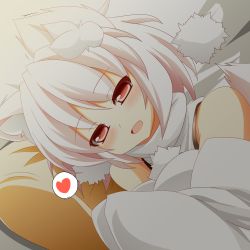 1girl absurdres afterglow animal_ears bad_id bad_pixiv_id bare_shoulders blush detail hajime_(ak-r) heart highres inubashiri_momiji long_sleeves looking_at_viewer lying on_side open_mouth pillow red_eyes silver_hair smile solo spoken_heart tail touhou wolf_ears wolf_tail rating:Sensitive score:13 user:danbooru