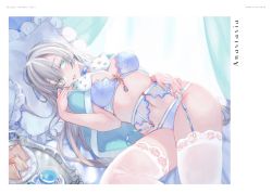 1girl anastasia_(fate) bare_arms between_breasts blue_bra blue_choker blue_cloak blue_eyes blue_nails blue_panties blue_theme blush bra breasts breasts_apart choker cloak commentary cowboy_shot cup curtains english_commentary fate/grand_order fate_(series) fingernails food frilled_pillow frills fur-trimmed_cloak fur_trim garter_belt gem hair_between_eyes hand_on_own_hip hand_up highres indoors jewelry lace lace-trimmed_legwear lace_trim long_hair looking_to_the_side lying medium_breasts midriff nail_polish navel on_back on_bed open_mouth panties pendant pillow sandwich shiny_skin sidelighting sidelocks silver_hair skindentation snow_print solo stomach tea teabag teacup thighhighs tray twisted_torso underwear uni_(melm) white_thighhighs rating:Sensitive score:22 user:danbooru