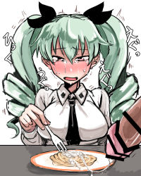 10s 1girl anchovy_(girls_und_panzer) artist_request blush breasts cum cum_on_food drill_hair food girls_und_panzer green_hair hetero large_breasts long_hair navel open_mouth ribbon school_uniform shiny_skin tears translation_request trembling twintails rating:Explicit score:27 user:fakyuh