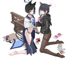  2girls animal_ears ass black_choker black_hair black_hoodie black_jacket black_pantyhose blue_archive blush breasts bright_pupils cake cart cat_ears character_doll choker colored_inner_animal_ears colored_inner_hair commentary crop_top cup extra_ears food food_in_mouth full_body halo hood hooded_jacket hoodie jacket kazusa_(blue_archive) kikyou_(blue_archive) kneeling looking_at_viewer mouth_hold multicolored_hair multiple_girls multiple_tails neckerchief no_pants no_shoes open_clothes panties pantyhose pink_halo pink_neckerchief red_eyes renge_(blue_archive) school_uniform short_hair simple_background tail teacup teapot thighband_pantyhose toki88909 trinity_general_school_logo two_tails underwear white_background white_panties white_pupils yukari_(blue_archive) 